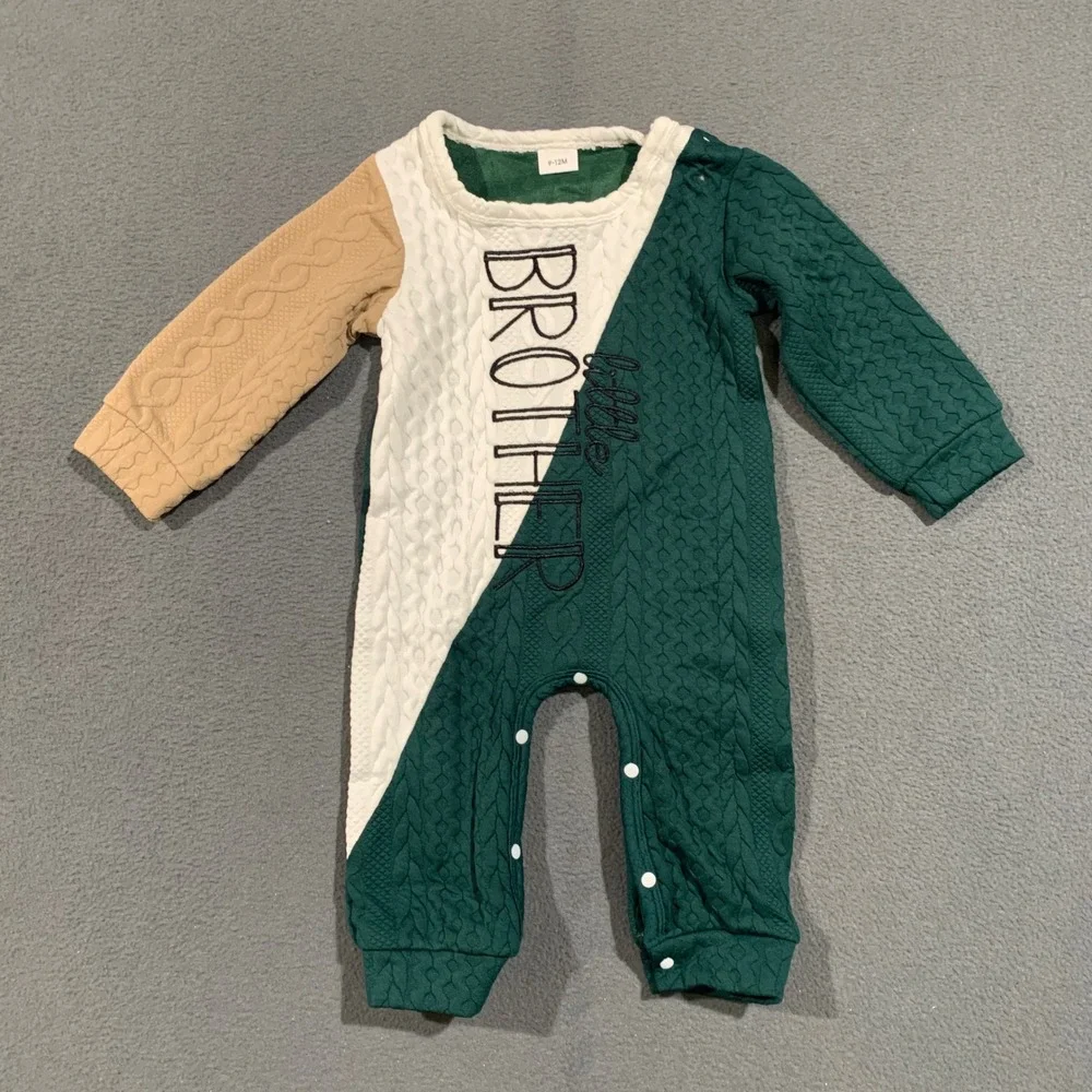 Brand New Romper Baby Boys 9-12M Little Brother Cable Knit Green Colorblock
